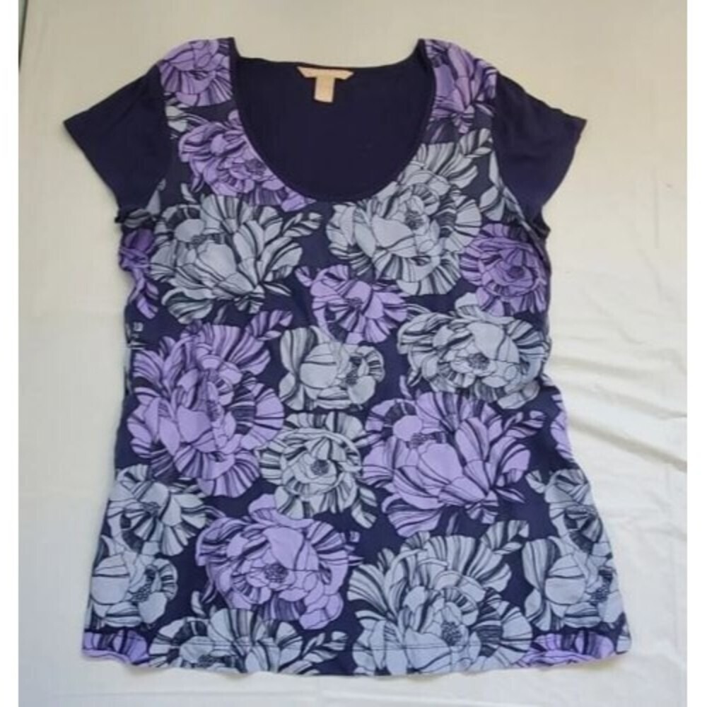 Banana Republic Womens Purple Floral Scoop Neck Short Sleeve Tee Shirt Size M